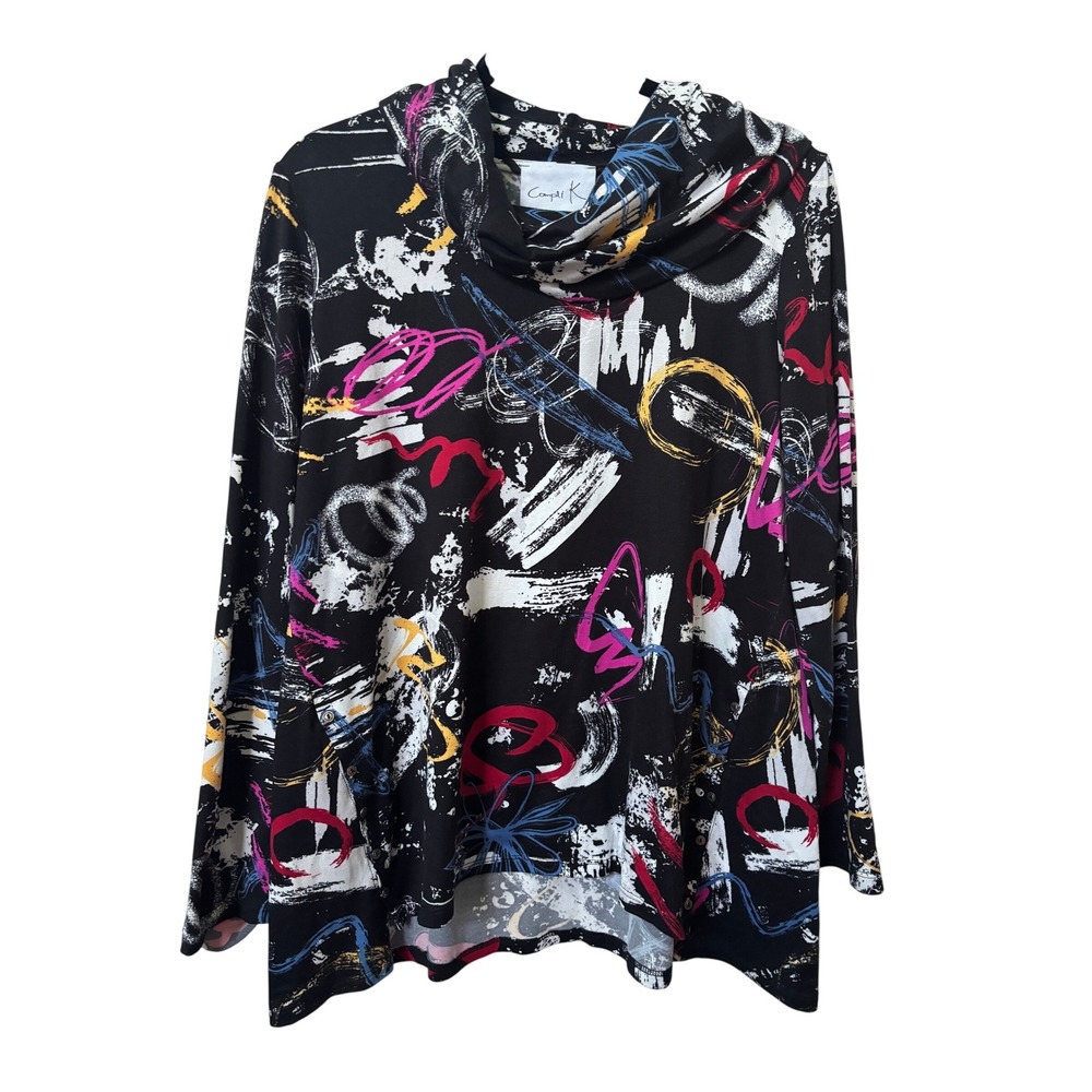 Compli K Top Abstract Graffiti Cowl Neck Side Button Womens L‎ Made Canada